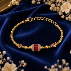 Rotes Kristall-Goldarmband, Perlenkettenarmband, elegantes Schmuckgeschenk in Rubinrot