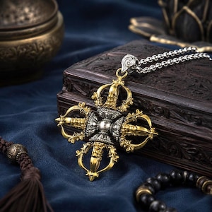 Crossed Vajra Pendant Tibetan Amulet Necklace Ritual Talisman Spiritual Gift for Men Statement Jewelry