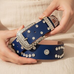 Stylish Navy Diamond Pattern Women\'s Belt Tengmei Men Women Rhinestone Belts Punk Fashion Studded  main image 4