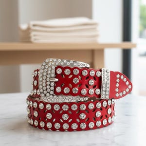 Vtg 90s Red Leather Chunky Silver Rhinestone Belt Sz L Y2K McBling Dazzle Rare Vintage Red Leather Belt: Chunky Silver Buckle, Y2K Waist  main image 4