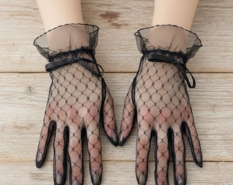 Schleife Spitze Ausschnitt Handschuhe, schiere romantische Hand Accessoires, sanfte Vintage Stil Karneval Kleidung, Geschenk für sie, passende Paar Geschenk