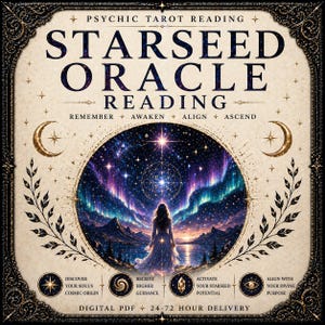 May include: A digital PDF titled "Starseed Oracle Reading" with a celestial design. The image features a woman in a flowing gown, standing before a cosmic landscape with text that reads "Remember, Awaken, Align, Ascend". The design includes crescent moons and star details.
