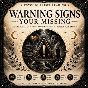 Könnte beinhalten: Grafik im Vintage-Stil mit dem Text "WARNING SIGNS YOUR MISSING" und "PSYCHIC TAROT READING". Das Bild zeigt ein zentrales kreisförmiges Design mit Symbolen wie einem zerbrochenen Herzen, einer Maske und einer Krähe. Zusätzlicher Text lautet "SEE THE RED FLAGS" und "TRUST YOUR INTUITION."