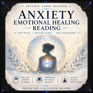 May include: An image promoting a psychic tarot reading for anxiety and emotional healing. The design features a woman in a meditative pose within a circular frame, surrounded by floral elements and text. The text includes phrases like "Find Peace" and "Release Worry."