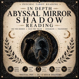 May include: A digital PDF tarot reading graphic with the text "Abyssal Mirror Shadow Reading." The image features a woman looking into a mirror, with a shadowy figure reflecting back. Additional text includes "See the Hidden, Face the Truth, Integrate, Transform."
