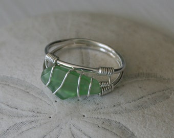 US Size 8.5 Green Recycled Glass & Sterling Silver Ring