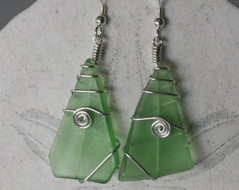 Green Recycled Glass Wire Wrapped Earrings