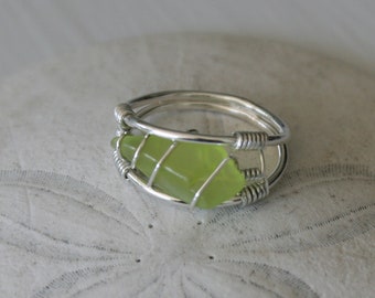 US Size 7.5 Lime Green Recycled Glass & Sterling Silver Ring