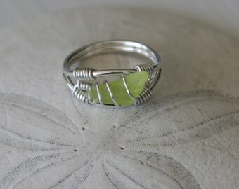 Size US 6 Lime Green Recycled Glass & Sterling Silver Ring