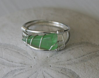 US Size 9 Green Recycled Glass & Sterling Silver Ring