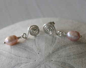 Pink Pearl & Silver Spiral Studs