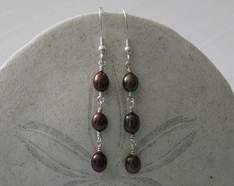 Black Pearl Trio Earrings with Sterling Silver