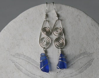 Cobalt Recycled Glass Earrings with Signature Silver Spirals