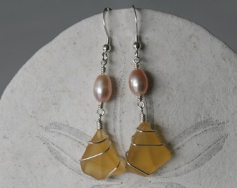 Pink Pearl & Yellow Recycled Glass Earrings