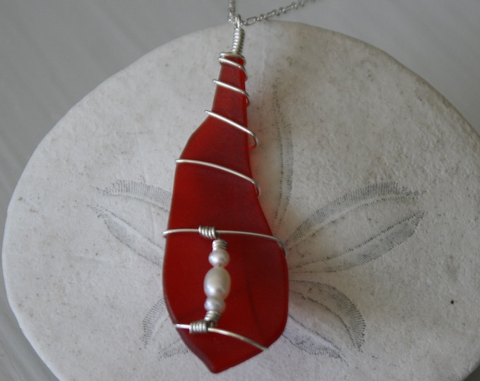 Featured listing image: Red Recycled Glass Pendant with White Pearls and Sterling Silver
