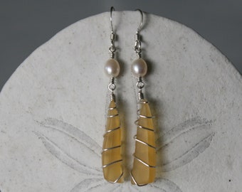 Yellow Recycled Glass Earrings with White Pearls