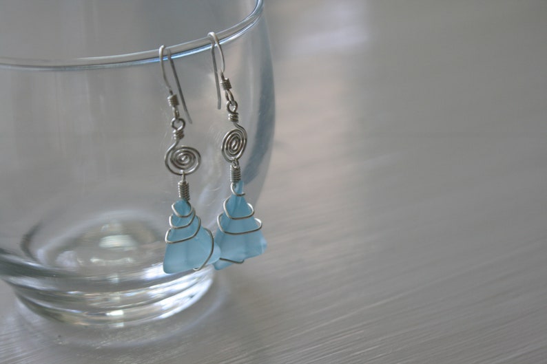 Blue Recycled Glass Earrings with Silver Spirals