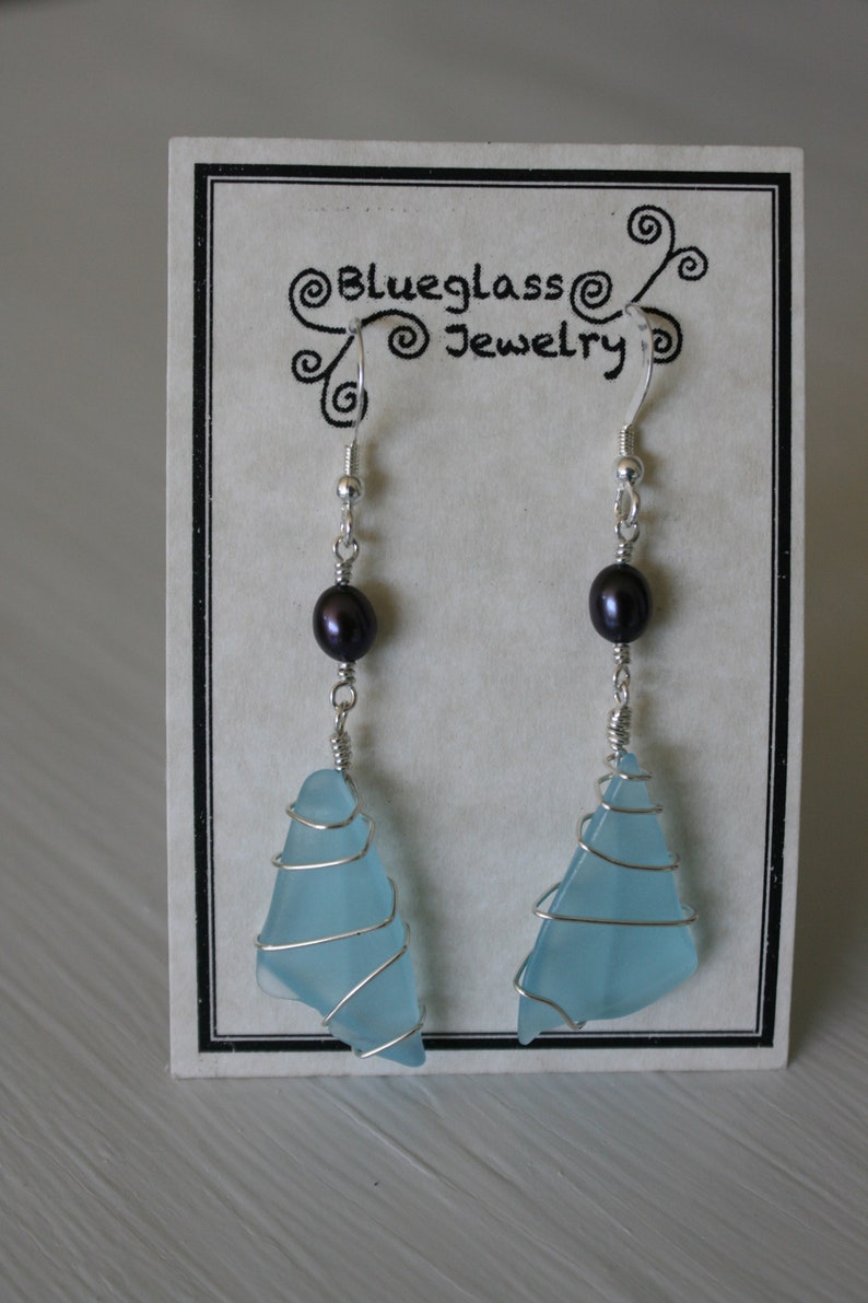 Blue Recycled Glass Earrings with Black Pearls