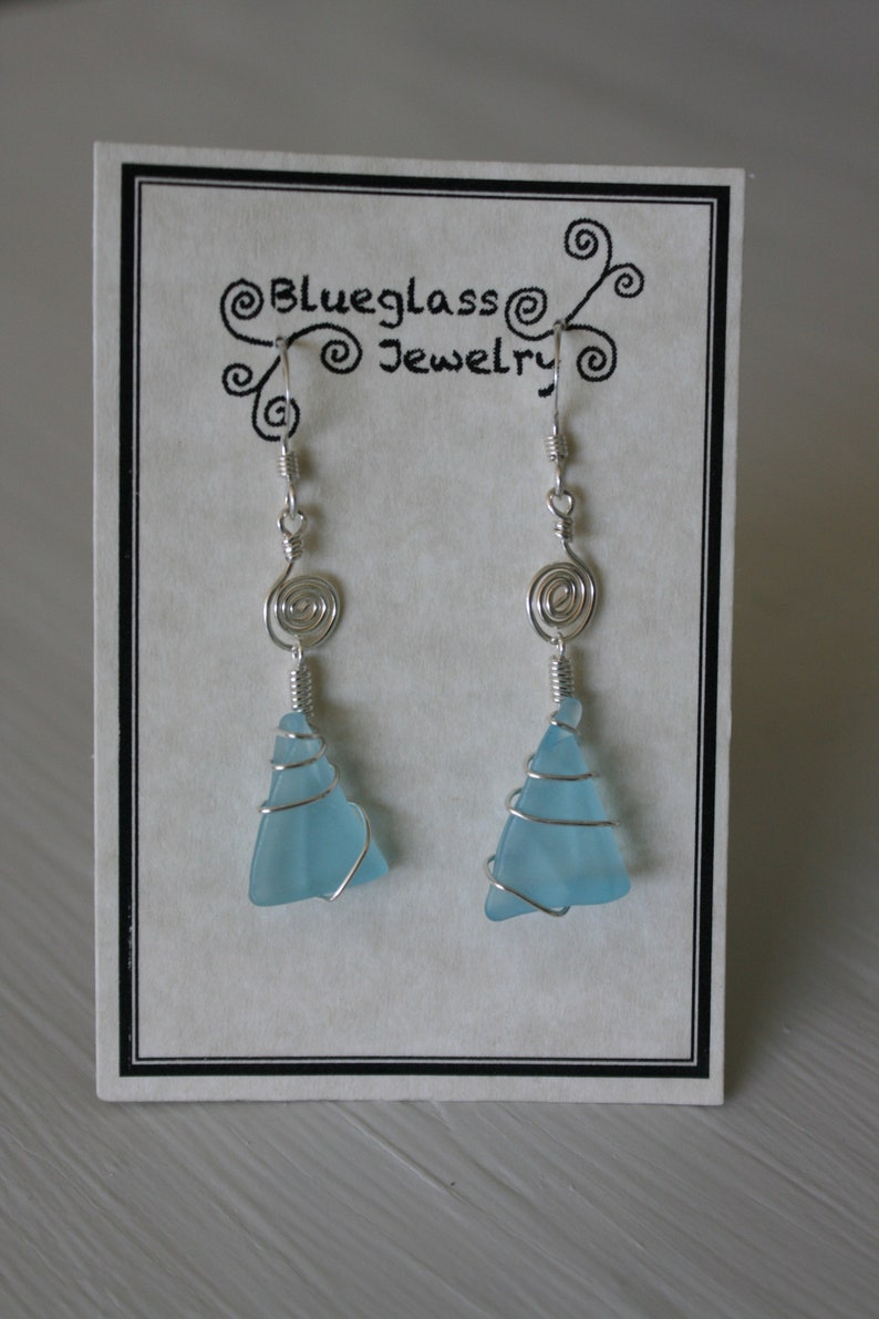 Blue Recycled Glass Earrings with Silver Spirals