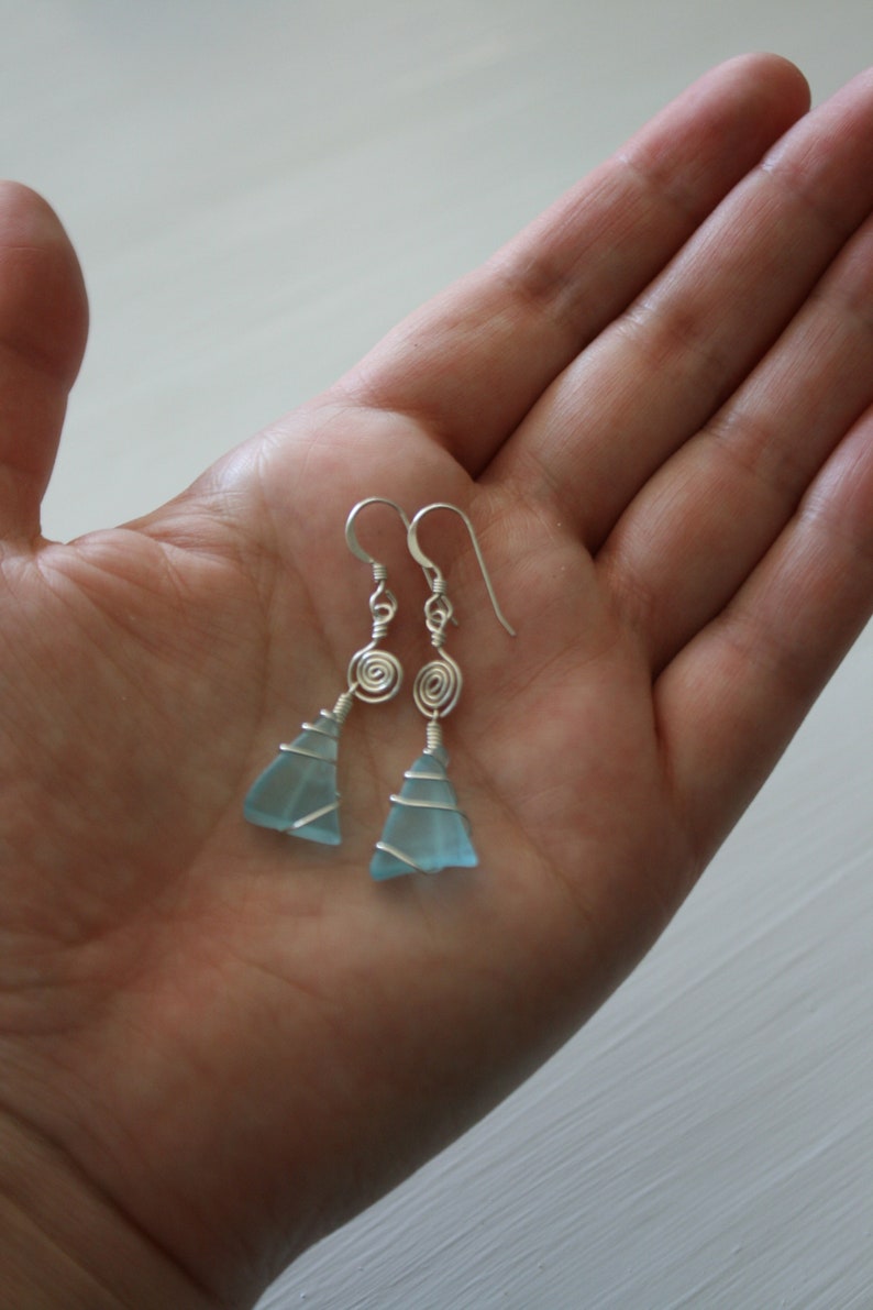 Blue Recycled Glass Earrings with Silver Spirals