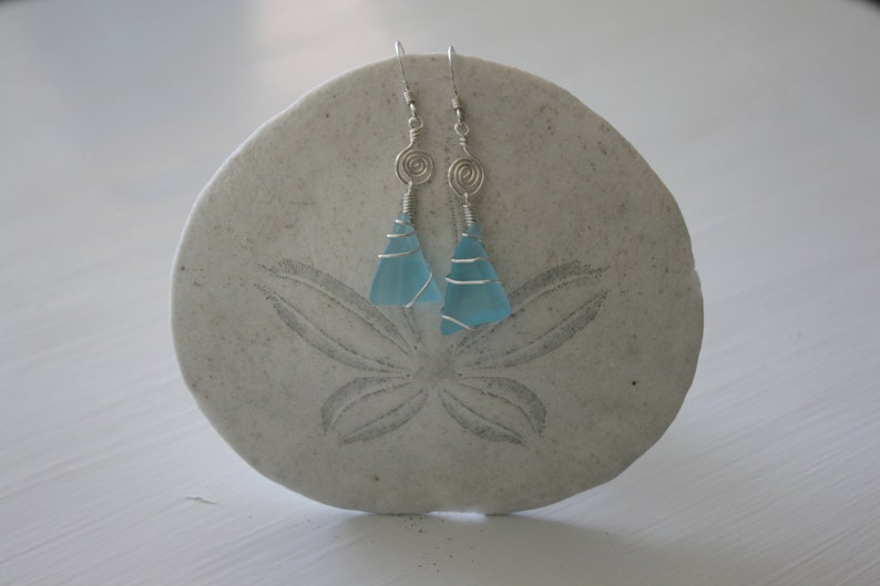 Blue Recycled Glass Earrings with Silver Spirals