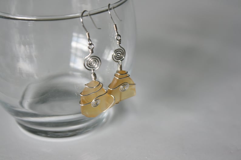Yellow Recycled Glass Earrings with Silver Spirals