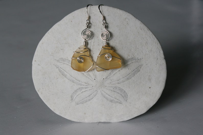 Yellow Recycled Glass Earrings with Silver Spirals