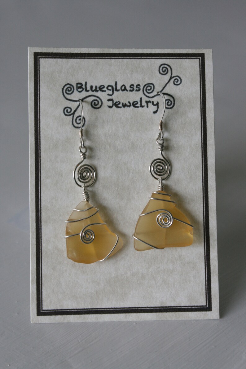 Yellow Recycled Glass Earrings with Silver Spirals