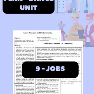 Op de afbeelding: Een document getiteld PE LESSON PLAN - DANCE UNIT en 9 - JOBS met een lesplan over beroepen en de gemeenschap. De tekst bevat doelstellingen, opwarmers, creatieve opdrachten en voorgestelde muziek, vergezeld van illustraties van diverse beroepsbeoefenaars.