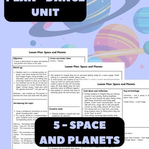 Könnte beinhalten: Ein Sportunterrichtsplan für eine Tanzeinheit mit dem Titel Space and Planets, vor einem hellvioletten Hintergrund mit bunten Illustrationen von Planeten und Ringen. Das Dokument enthält Abschnitte zu Zielen, Aufwärmübungen und Fachbegriffen.