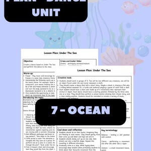 Op de afbeelding: Een geprint lesplan getiteld PE LESSON PLAN - DANCE UNIT en 7 - OCEAN, met een onderwaterthema. Het document bevat doelstellingen, opwarmingsoefeningen, creatieve taken, cooling-down, reflectie en belangrijke terminologie voor dans.