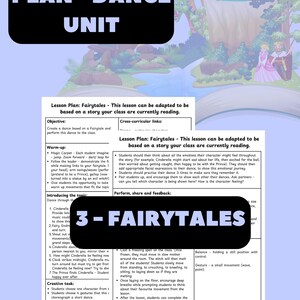 Op de afbeelding: Een gymlesplan voor een danseenheid getiteld 3 - Fairytales. Het document bevat doelstellingen, opwarmingsoefeningen en creatieve opdrachten gebaseerd op sprookjes, met een achtergrondillustratie van een kasteel, een draak en koninklijke figuren.
