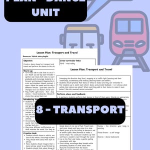Könnte beinhalten: Ein Sportunterrichtsplan mit dem Titel PE LESSON PLAN - DANCE UNIT und 8 - TRANSPORT. Das Dokument skizziert eine Tanzeinheit zum Thema Transport und Reisen, einschließlich Lernzielen, Aufwärmübungen, kreativen Aufgaben und Musikvorschlägen.