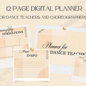 Puede incluir: Un planificador digital para profesores de baile y coreógrafos. La imagen muestra cuatro páginas con títulos como "Formaciones de coreografía", "INSP de música" y "Lista de tareas". Las páginas están sujetas a un fondo beige claro.