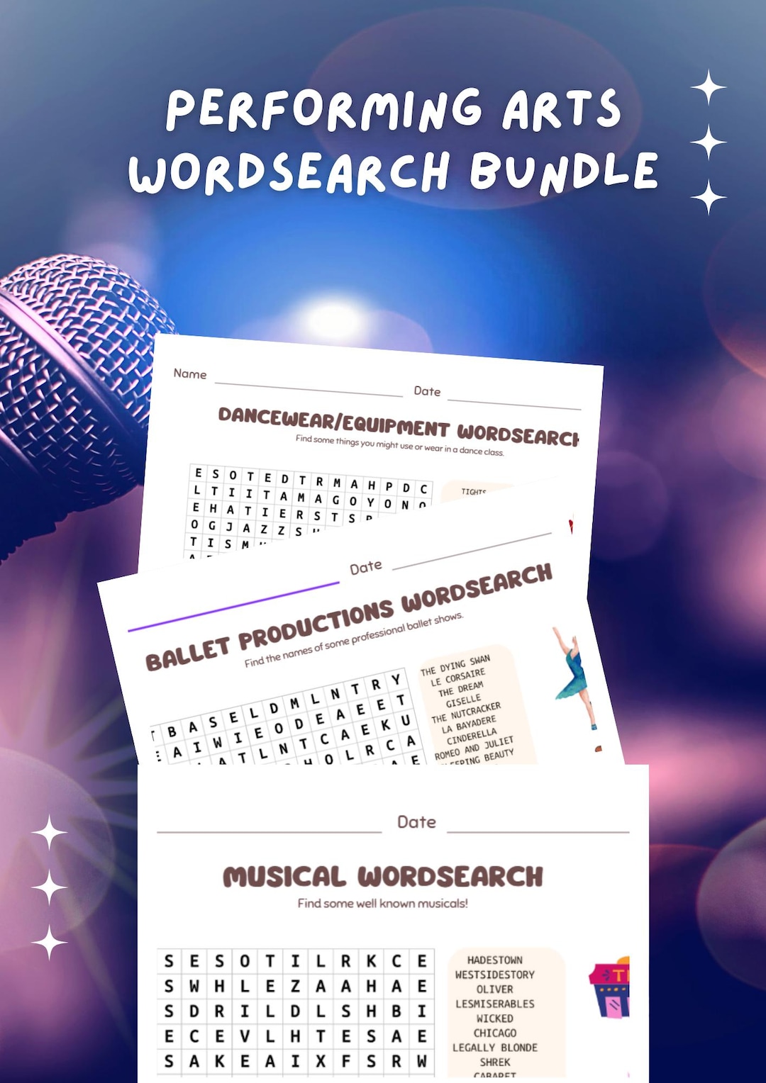 Performing Arts Word Search Bundle, 11 Puzzles With Solutions, Dance ...