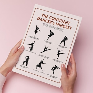May include: A beige print titled "The Confident Dancer's Mindset" with affirmations and dancer silhouettes. The print is held by hands against a pink background. Text includes "I am strong, capable and improving every day."