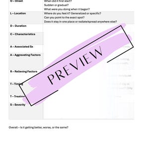 Puede incluir: Documento blanco con el título "OLDCARTS" y preguntas sobre la historia clínica. Una gran marca de agua morada "PREVIEW" cruza el centro de la página.