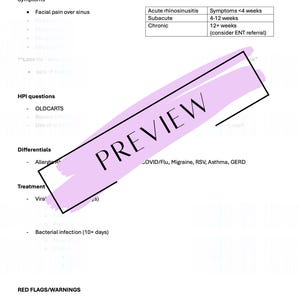 Puede incluir: Documento médico blanco titulado "Sinusitis" con información sobre síntomas y tratamiento. El documento incluye una tabla con información sobre rinosinusitis aguda. Una gran marca de agua "PREVIEW" cruza el centro del documento.