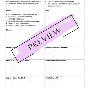 May include: A white medical reference sheet with black text, including sections on electrolytes, kidney, and liver function. The sheet is partially obscured by a purple "PREVIEW" stamp. The document outlines medical guidelines and protocols.