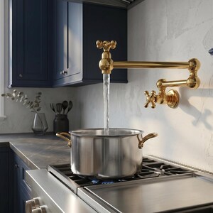 Unlacquered Brass Pot Filler Faucet, Solid Brass Wall Mount Kitchen with Folding Swing Arm for Stove