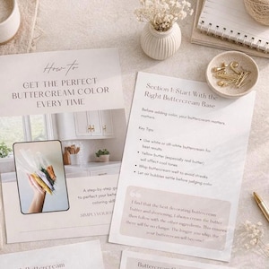 May include: A flat lay featuring printed guides on buttercream color, a small vase with dried flowers, a notepad, and a small dish with gold-colored paper clips. The guides offer tips and a color formula chart.