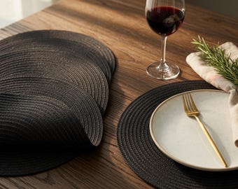 15 Inch Round Braided Placemats Set of 4, Heat Resistant Cotton Blend, Black Place Mats for Dining Table, Washable & Stylish