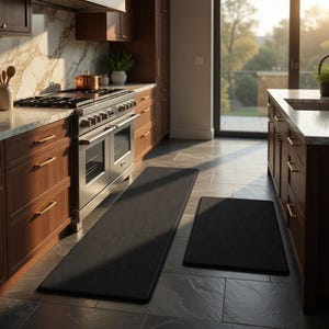 Puede incluir: Dos alfombras de cocina negras sobre un suelo de baldosas grises en una cocina. Una alfombra es rectangular y larga, colocada frente a la estufa. La otra alfombra es cuadrada y está colocada a la derecha. La cocina tiene armarios de madera y una estufa de acero inoxidable.