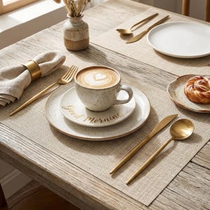 Puede incluir: Una mesa de madera rústica con una taza de café, un plato con el texto "Good Morning" y cubiertos dorados. También hay una servilleta con un anillo dorado y un pequeño jarrón con flores secas. La escena evoca un desayuno acogedor.