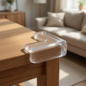 Op de afbeelding: Transparante hoekbeschermer van helder plastic, in L-vorm, bevestigd op de hoek van een houten tafel. De beschermer is ontworpen om scherpe randen te dempen. De tafel is lichtbruin.