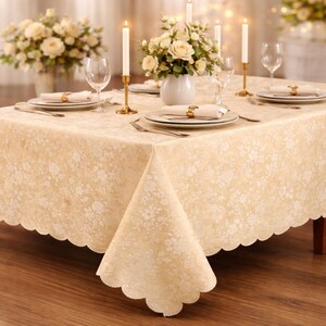 Beige Floral Embossed Vinyl Tablecloth, Scalloped Edges, Waterproof Dining Cover