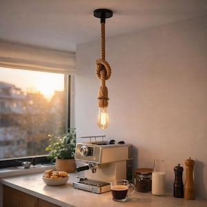 May include: A rope pendant light with a knotted design and a vintage-style bulb. The light is suspended from a black ceiling mount. The light hangs above a kitchen counter with a coffee machine and other kitchen items. The light is a decorative feature.