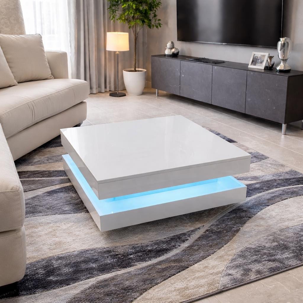 Modern LED Coffee Table With RGB Light, Square White Coffee Table, LED ...