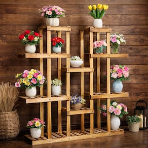 Wooden Plant Stand Multi Tier Indoor Outdoor Plant Shelf Flower Pot Display Stand Natural Wood Plant Rack