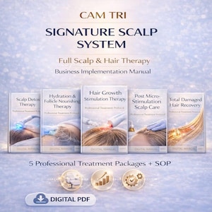 May include: A promotional image for the CAM TRI Signature Scalp System. It features five digital manuals for professional hair and scalp treatments, including Scalp Detox Therapy and Hair Growth Stimulation Therapy. The image also includes the text "DIGITAL PDF".